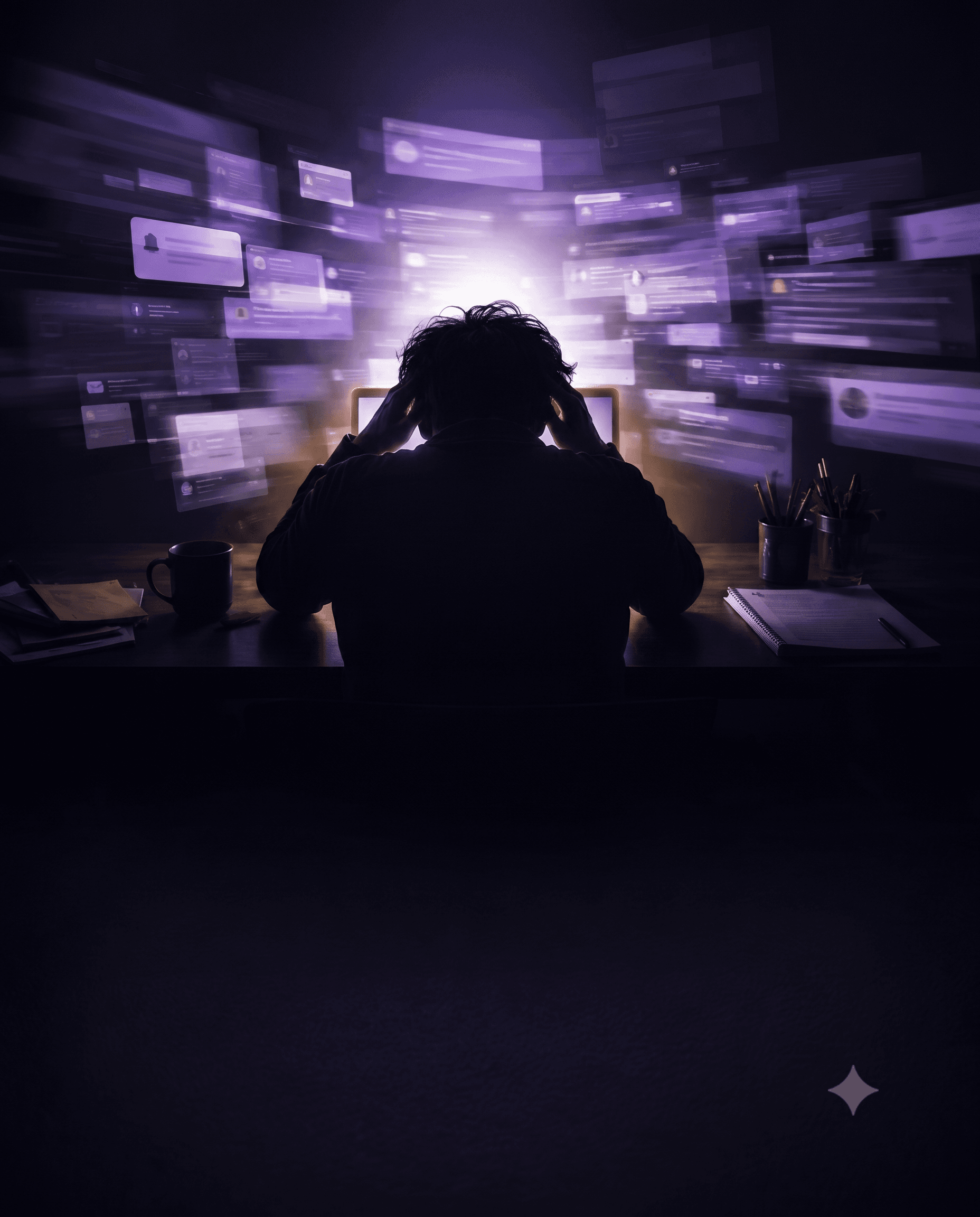 An overwhelmed person surrounded by floating notification windows